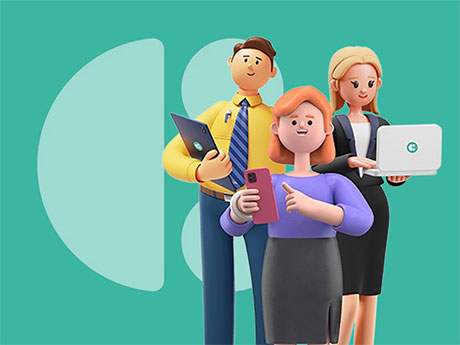 three staff members holding tech